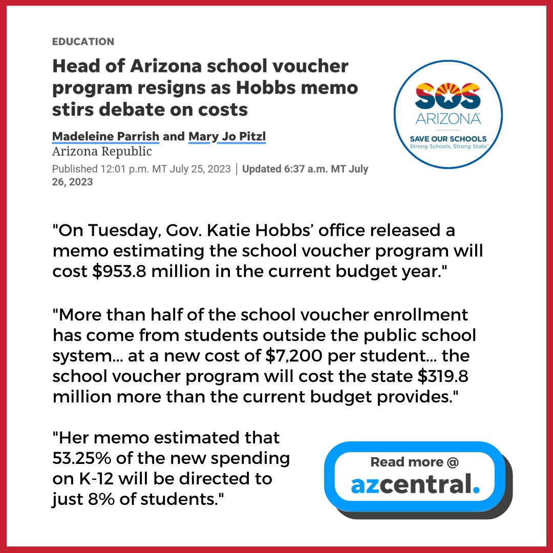 arizona_sos's tweet photo. 💥 NEW:  A memo released by Gov. Hobbs’ office settles the debate around whether school vouchers save AZ money once and for all — the cost of ESA vouchers will skyrocket to over $950M for 2024, meaning AZ will have a $320M budget shortfall.

🗞️ Read here: https://t.co/aEWEfOuVmX https://t.co/HWn7ZoKZIw