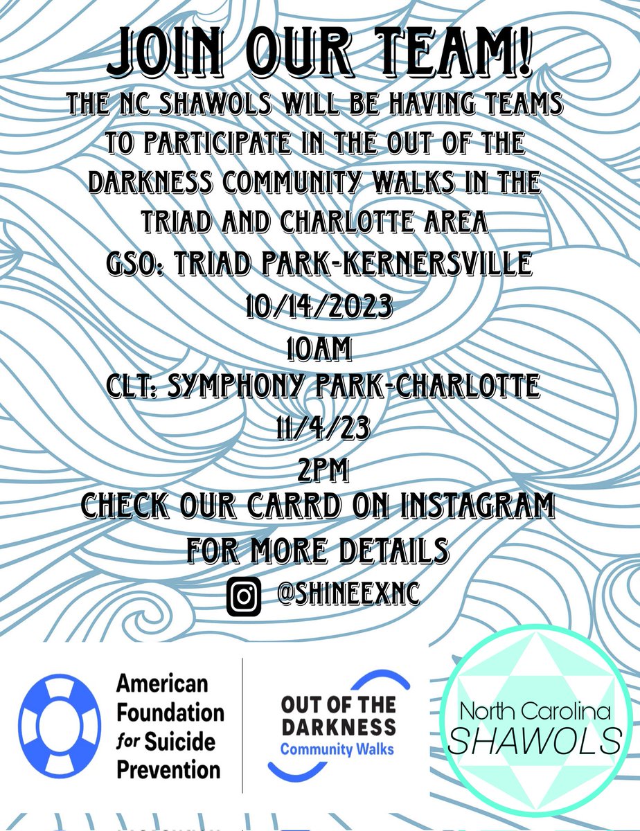 shineexnc's tweet photo. 🩵💜2023 Out of the Darkness Walk💜🩵

NC Shawols is joining thousands of teams across the country to help save lives and bring hope to those affected by suicide. Join us in our mission! 

For more information, read on to the thread below: https://t.co/pHXamVybXJ