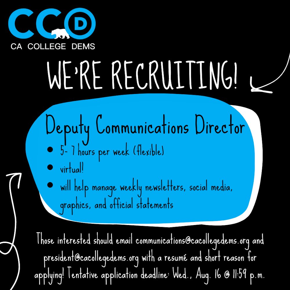 cacollegedems's tweet photo. We’re looking for a Deputy Comms Director! Please apply if interested! https://t.co/GkTp0ADNke