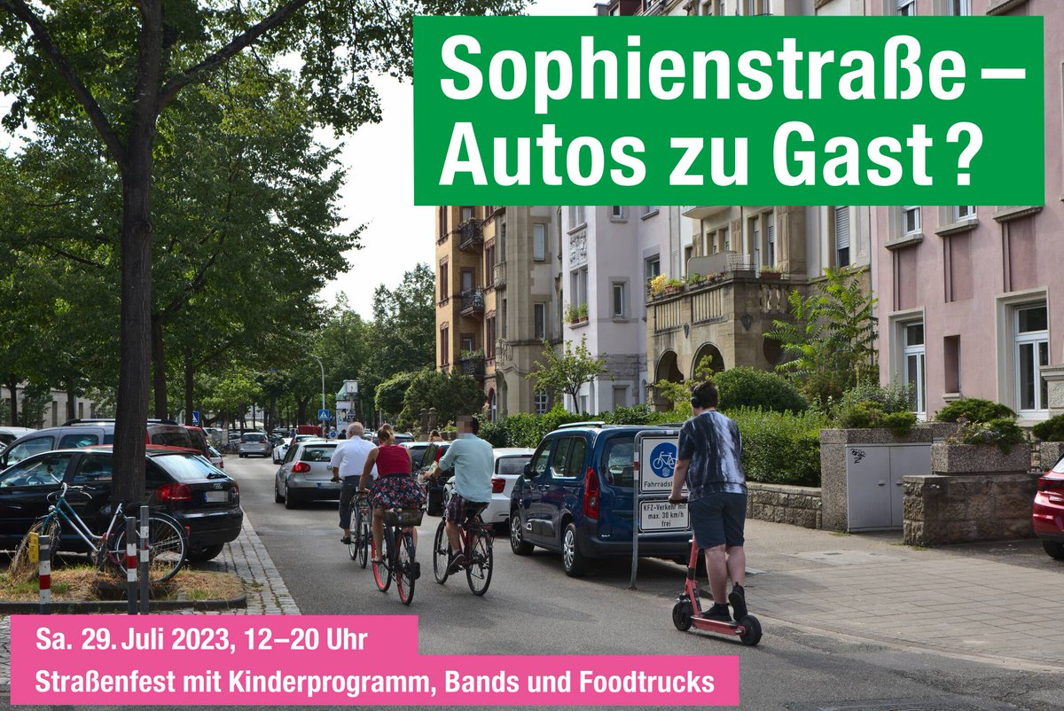 Sophienstraße - Autos zu Gast? Am Samstag 29. Juli laden wir gemeinsam mit <a href="/FFF_Karlsruhe/">Fridays For Future Karlsruhe</a> von 12 bis 20 Uhr zum Straßenfest in #Karlsruhes längste "#Fahrradstraße" ein. Schaut vorbei, feiert mit! fussradka.de/strassenfest-s…