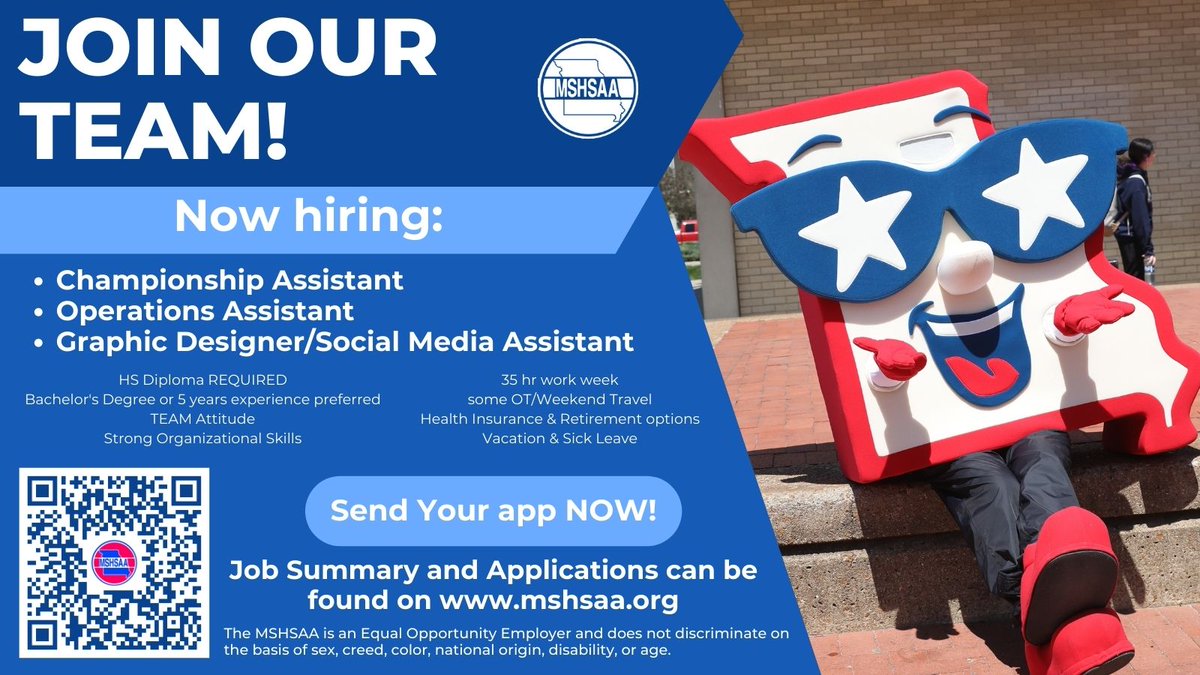 MSHSAAOrg's tweet photo. 📣The MSHSAA office is hiring! We currently have 3 openings and are accepting applications to fill a variety of positions. Be a part of our team! Scan the QR code or visit our website https://t.co/1QbyPWcxiK for more details! https://t.co/IOw8pLSffD