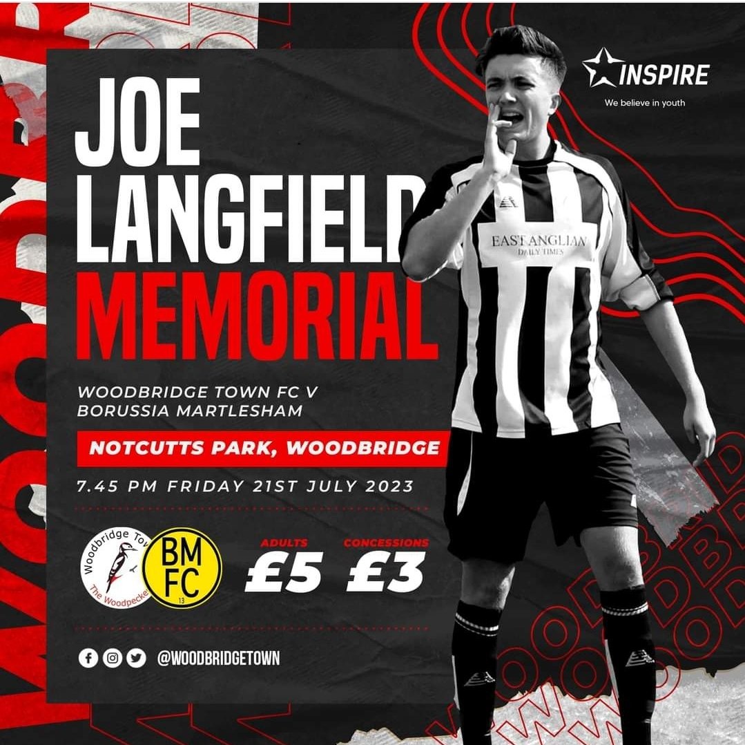 Friday night brings our penultimate pre-season friendly against @BorussiaMartlesham and also Joe Langfield’s memorial match to honour the life of our ex player and former captain.  A sum from the game will also be donated to Inspire Suffolk

#woodbridgetownfc #UpThePeckers