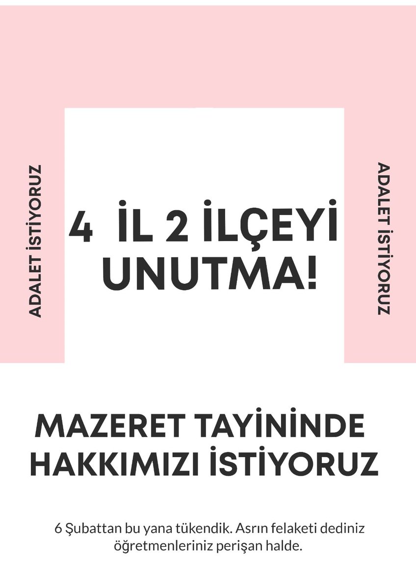 #DepremzedeÖğretmeniÜzme
4 il ve 2 ilçede görevli öğretmenler için “mazeret tayini” ayrıcalık değil yasal bir haktır.
<a href="/ademyesildal/">Adem Yeşildal.🇹🇷</a>
<a href="/AbdulkadirOzl/">Abdulkadir Özel</a>
<a href="/HuseyinYayman/">Hüseyin Yayman🇹🇷</a>
<a href="/Yusuf__Tekin/">Yusuf Tekin</a>