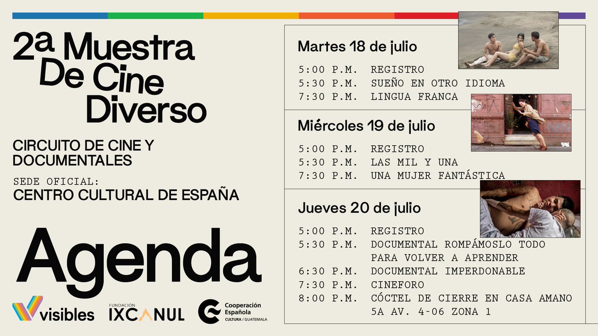 🎬🏳️‍🌈🏳️‍⚧️Hoy continuamos con la II Muestra de Cine Diverso con la presentación de "Las Mil y Una" a las 5:30 PM y "Una Mujer Fantástica" a las 7:30 PM.

📍Les esperamos en el auditorio del <a href="/CCEGUATEMALA/">Centro Cultural de España en Guatemala</a>.
🎟La entrada es gratuita.

Conoce más sobre la agenda de la Muestra aquí👇🏼