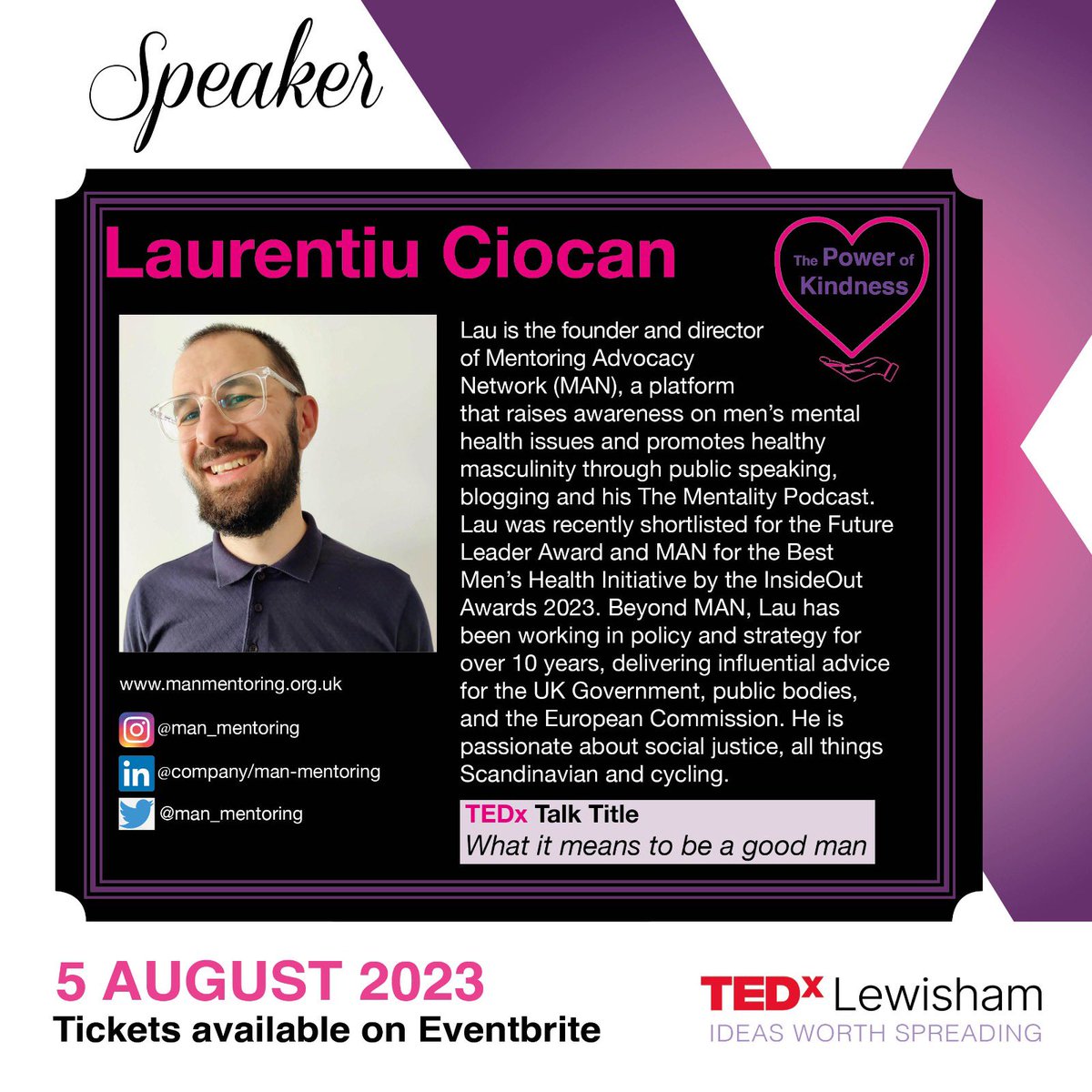 Happy to announce our very first speaker, Lau Ciocan, for our TEDx talks on Saturday 5 Aug ‘23 at Goldsmith’s College University.   Join us 🎉

<a href="/man_mentoring/">Mentoring Advocacy Network</a> 

Tickets available here: 

eventbrite.co.uk/e/tedx-lewisha…