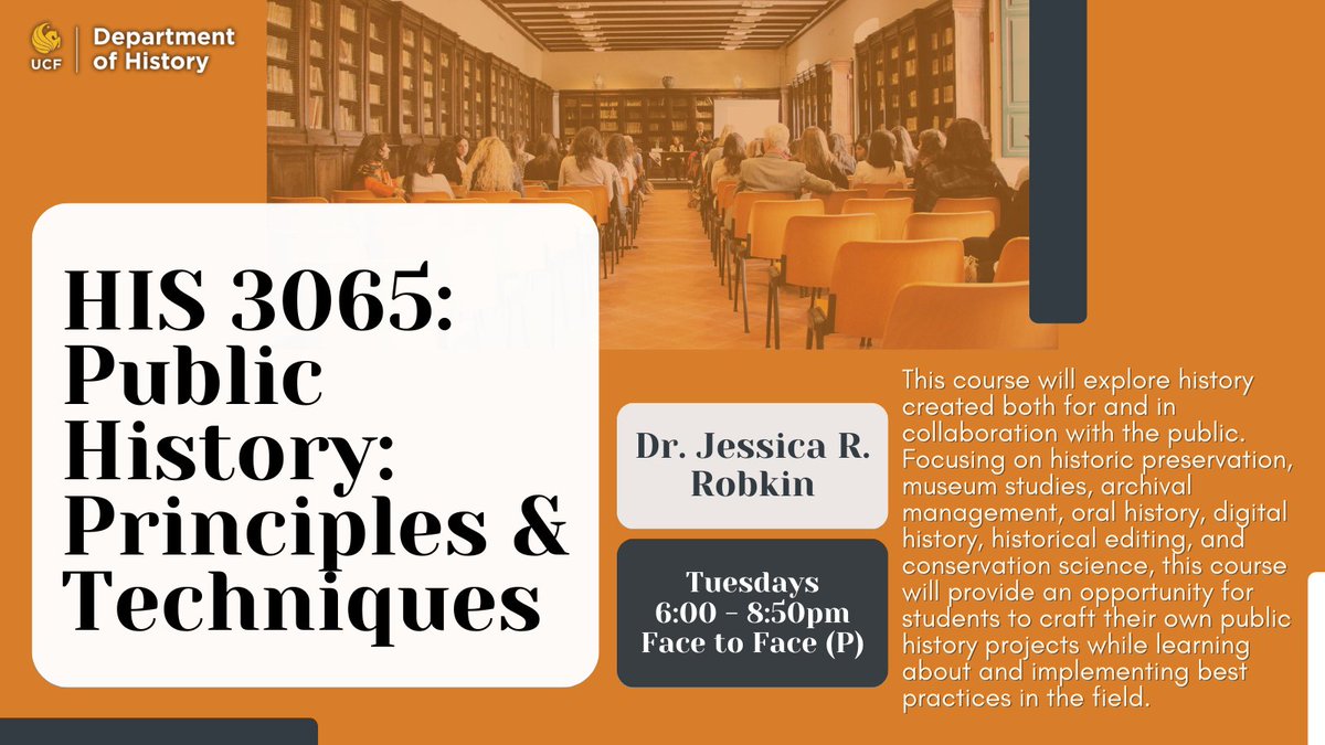 🚨 Fall 2023 Class Alert!

Public History: Principles &amp; Techniques (HIS 3065) will explore history created both for and in collaboration with the public. 📚 

Look for it when registering for Fall 2023 courses!