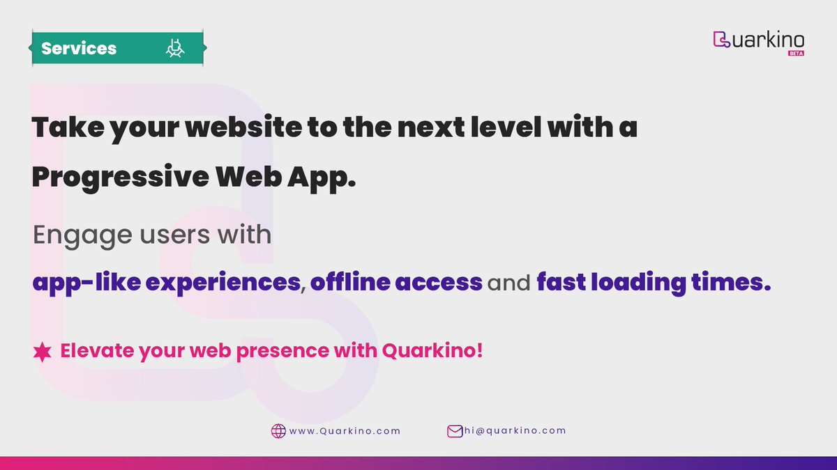 Quarkinocom's tweet image. Elevate your website with a Progressive Web App!

With Quarkino, step up your game and take charge of your online success! 💥

Quarkino.com

#ProgressiveWebApps #MobileWeb #PWAs