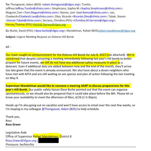 Public records indicate SF Supervisor Mandelman personally instigated the city's crackdown on the Dolores Hill Bomb skateboard event which led to mass arrests of children, teens struck w batons, held zip tied and urinating themselves, prompting a possible lawsuit against the city