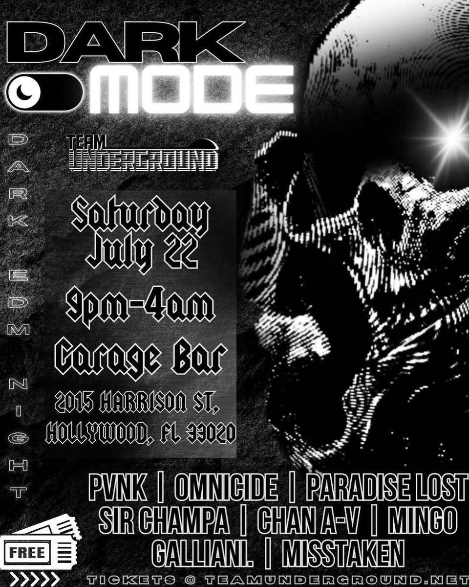 Who is ready for Saturday?! 🤩🖤

Don’t forget to get your free tickets at teamunderground.net 🥰😘🖤

#darkmode #edm #teamunderground #deepdubstep #bassmusic #darkedm #techno #housemusic #raveday #southflorida #hollywood #miami #nightlife