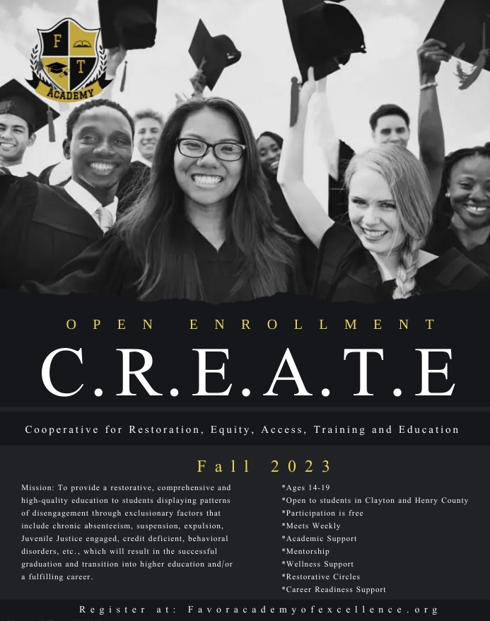 FavorAcademy's tweet photo. We are super excited to bring the CREATE program to Clayton County this fall. Parents your new option for whole child support is here! Bring us your most difficult case and together we can work to turn your students trajectory around.  Visit: https://t.co/gzvC0Vahv3 @drcy_says https://t.co/ygxGes3JFr
