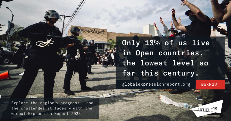 article19org's tweet photo. In 2022, 87 journalists were murdered, and 64 more went missing. With 363 journalists behind bars, freedom of the press is under siege. 

Explore our findings and find out more about how we can defend #PressFreedom together. #GxR23

https://t.co/l7fj4Tj0AU