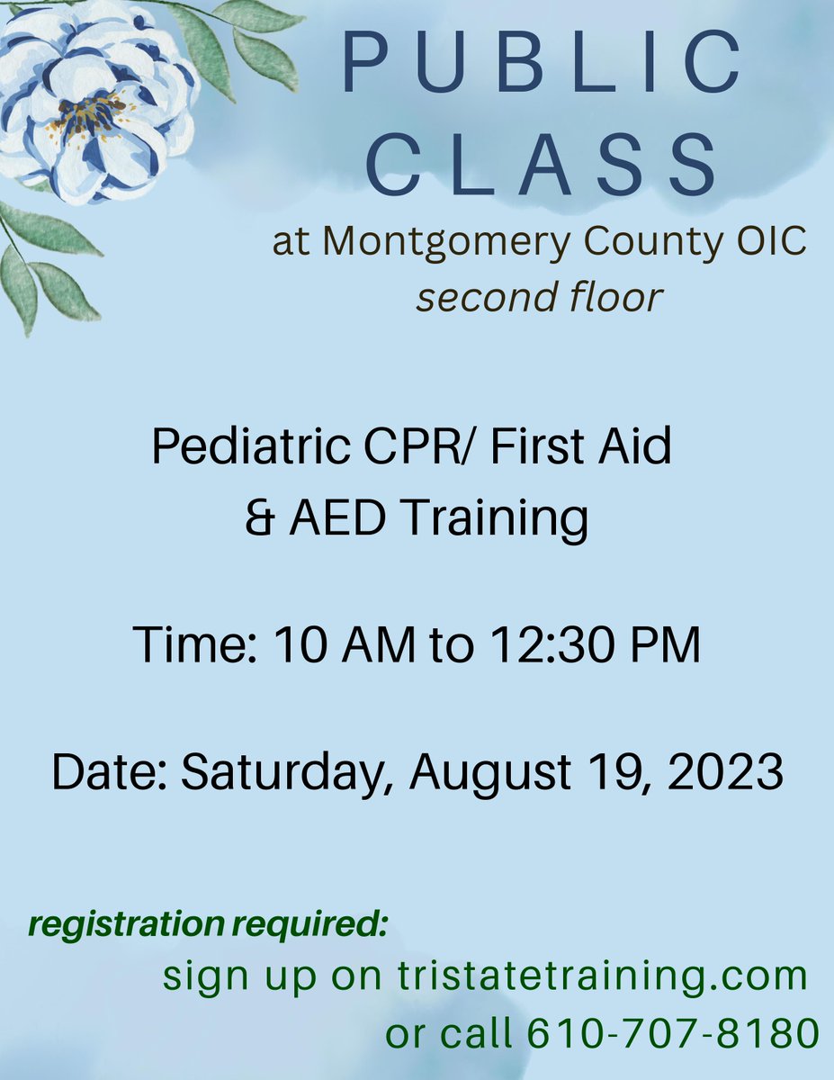Join us for Pediatric CPR/First Aid &amp; AED Training on August 19th, 10 AM - 12:30 PM at Montgomery County OIC (2nd floor). Registration required. Sign up at tristatetraining.com or call 610-707-8180. Don't miss this life-saving class!

tristatetraining.com

#CPRTraining