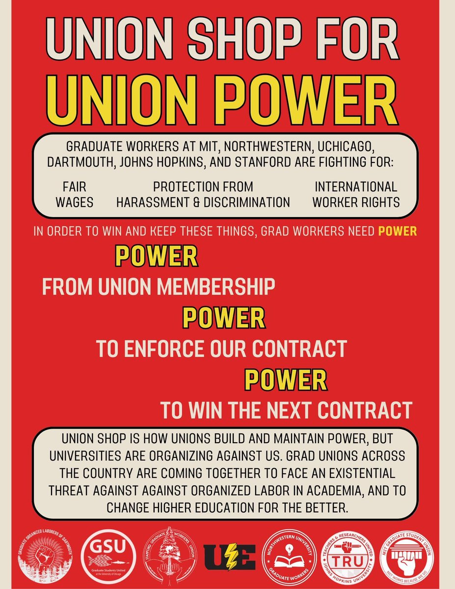 MITGradUnion's tweet photo. Grad workers at MIT and across the nation are fighting for better working and living conditions. “Union shop” helps unions build and maintain the power we need to win! #UnionShopForUnionPower https://t.co/KaGGHUBqKM