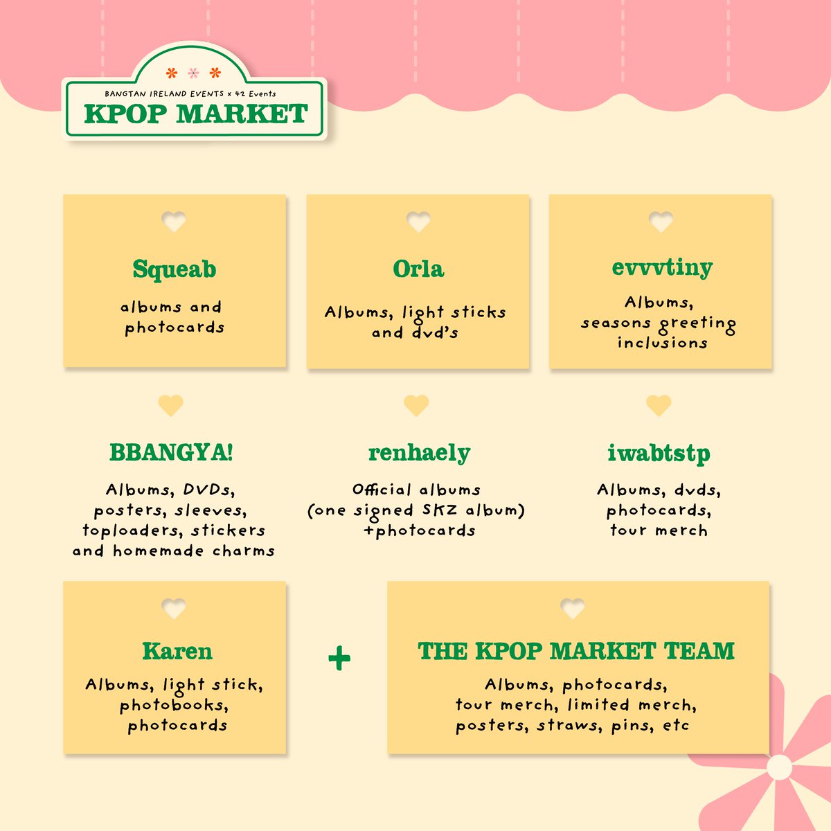 bangtanireevent's tweet photo. 🎉Time to announce our wonderful sellers🎉

On 12 August there will be a variety of k-pop stalls in Zambrero on Hatch Street. Sellers ranging from incredible fan artists to profound local collectors will all gather in one place for a multi-Fandom market! 🛍️ https://t.co/abAg6wEjwu