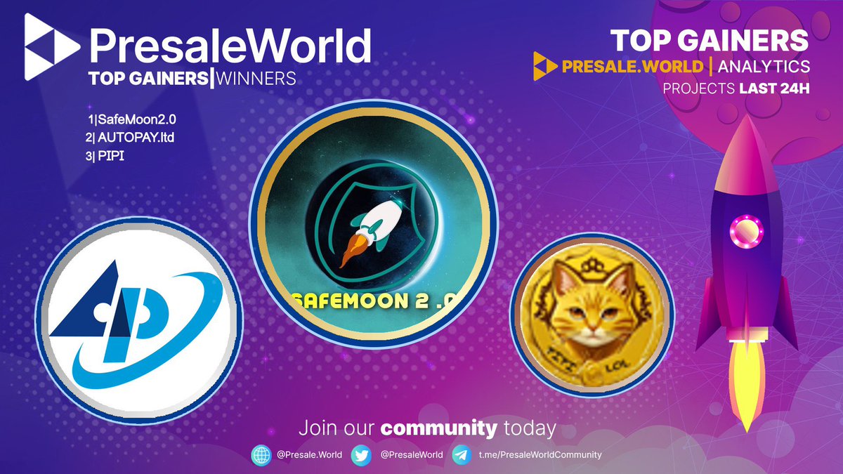PresaleWorld's tweet image. Top Gainers on Presale.World!

1. SafeMoon2.0 • @safemoon20_bsc
2. AUTOPAY.ltd • @AutopayPro
3. PIPI • @KING_PIPI_LOL
4. Pepa Inu 2.0 • @Pepa2_Global
5. Starterpool • @starterpool

To see a list of all the top gainers, head over to…