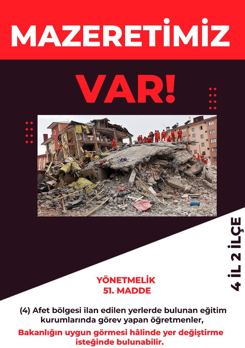 #DepremzedeÖğretmeniÜzme

Sayın <a href="/Yusuf__Tekin/">Yusuf Tekin</a> 

👉MEB Öğretmen Atama ve Yer Değiştirme Yönetmeliği’nin “Mazerete ve Diğer Nedenlere Bağlı Yer Değiştirmeler” kısmı gereği 81 il kapsamlı mazeret tayini talep ediyoruz.

Bu psikolojik bir taleptir. Bunu görün❗
<a href="/RTErdogan/">Recep Tayyip Erdoğan</a>  <a href="/cftcblnt/">Bülent ÇİFTCİ</a>
