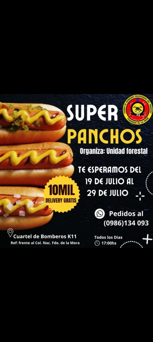 bomberosk11's tweet photo. Desde hoy 19 de Julio hasta el 29 estaremos vendiendo Super Panchos para costear la reparación de nuestra camioneta que será utilizada para combate de Incendios Forestales, pues la temporada de sequia esta muy cerca.Dale RT🫡 😉 @sntcanal9 @C9NParaguay @Telefuturo @trecepy https://t.co/Fa6Bva0BDR