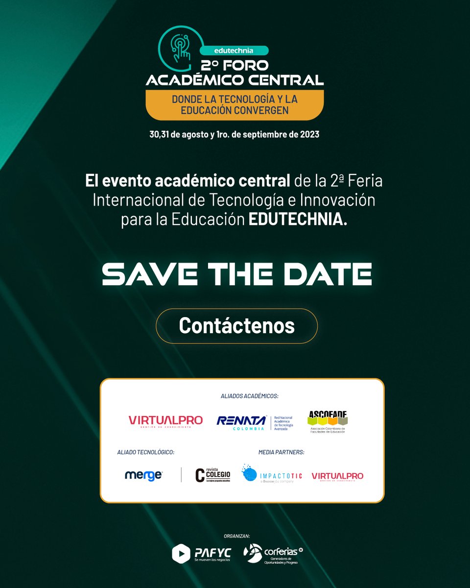 Descubre la convergencia entre tecnología y educación en el 2do. Foro Académico Central 📚💻 Únete del 30 al 1 de septiembre en la Feria Edutechnia y sé parte de esta experiencia única. 
Pide la agenda: bit.ly/3NUMxIQ

#Edutechnia #Educación #ForoAcadémico