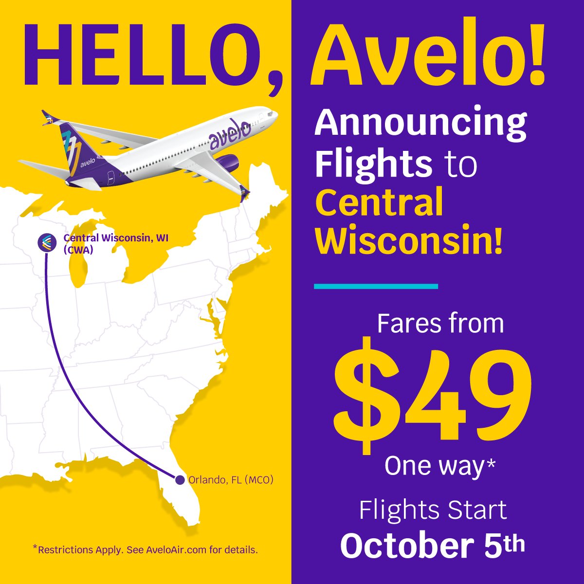 CWA is excited to announce Avelo Airlines will begin non-stop service October 5th from CWA to MCO Orlando, FL.  Limited time introductory rate of $49/each way!!  Book your tickets at AveloAir.com