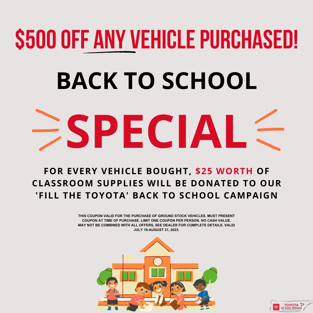 ToyotaCSprings's tweet photo. We're showing support to our local schools, students, and teachers by spearheading our annual 'Fill the Toyota' Back To School Campaign! Now through August 31st, customers can receive $500 of ANY vehicle. For every vehicle bought, $25 worth of classroom supplies will be donated! https://t.co/2a9jCx0kOE