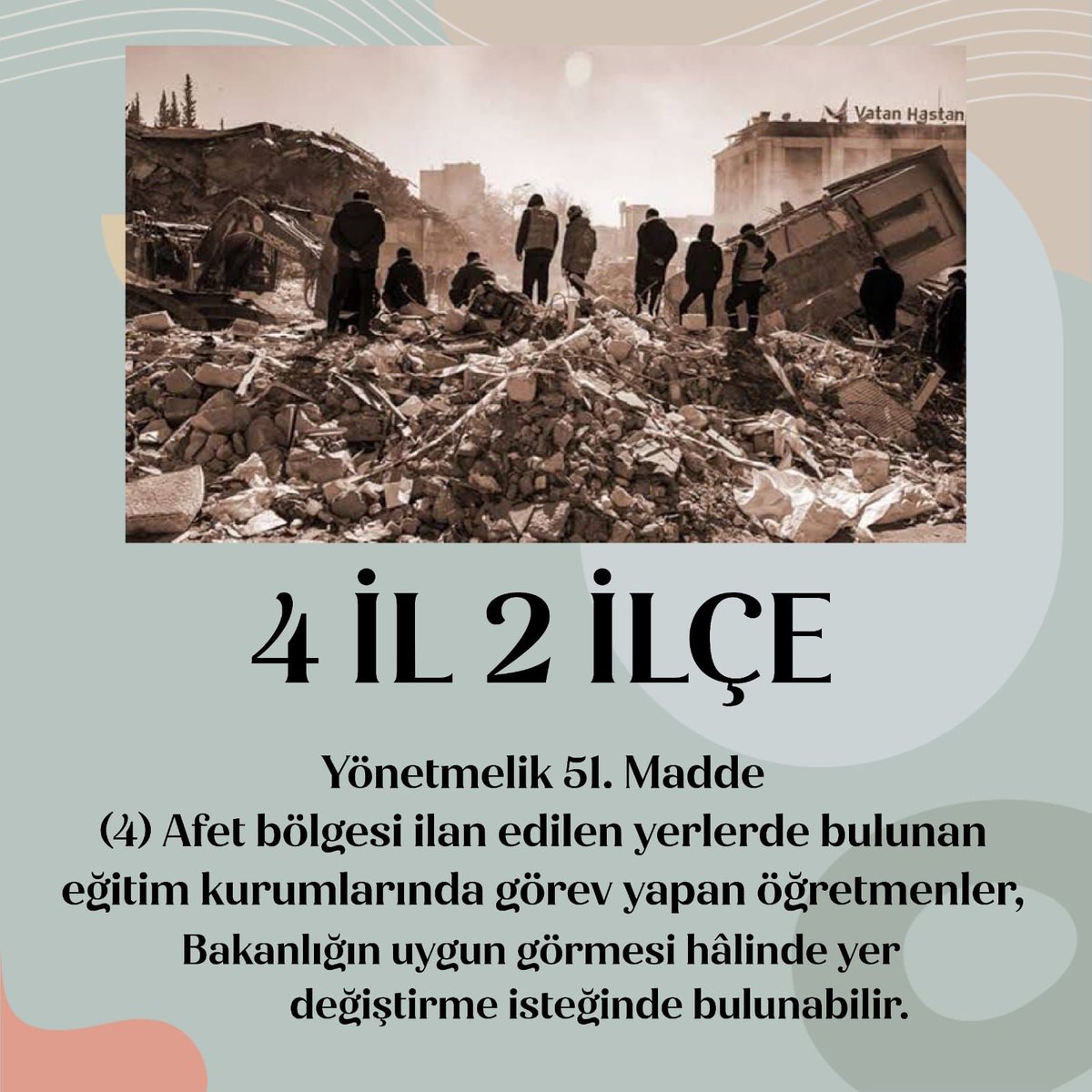 #DepremzedeÖğretmeniÜzme
4 il ve 2 ilçede görevli depremzede öğretmenlere mazeret tayini verilsin, öğretmenler ailelerine kavuşsun. Yeniden toparlasın.
<a href="/MuharremErkek17/">Muharrem Erkek 🇹🇷</a>
<a href="/MTanal/">Av.Mahmut TANAL</a>
<a href="/duygudemirdag/">Duygu Demirdag</a>
<a href="/tanjuozcanchp/">Tanju ÖZCAN</a>