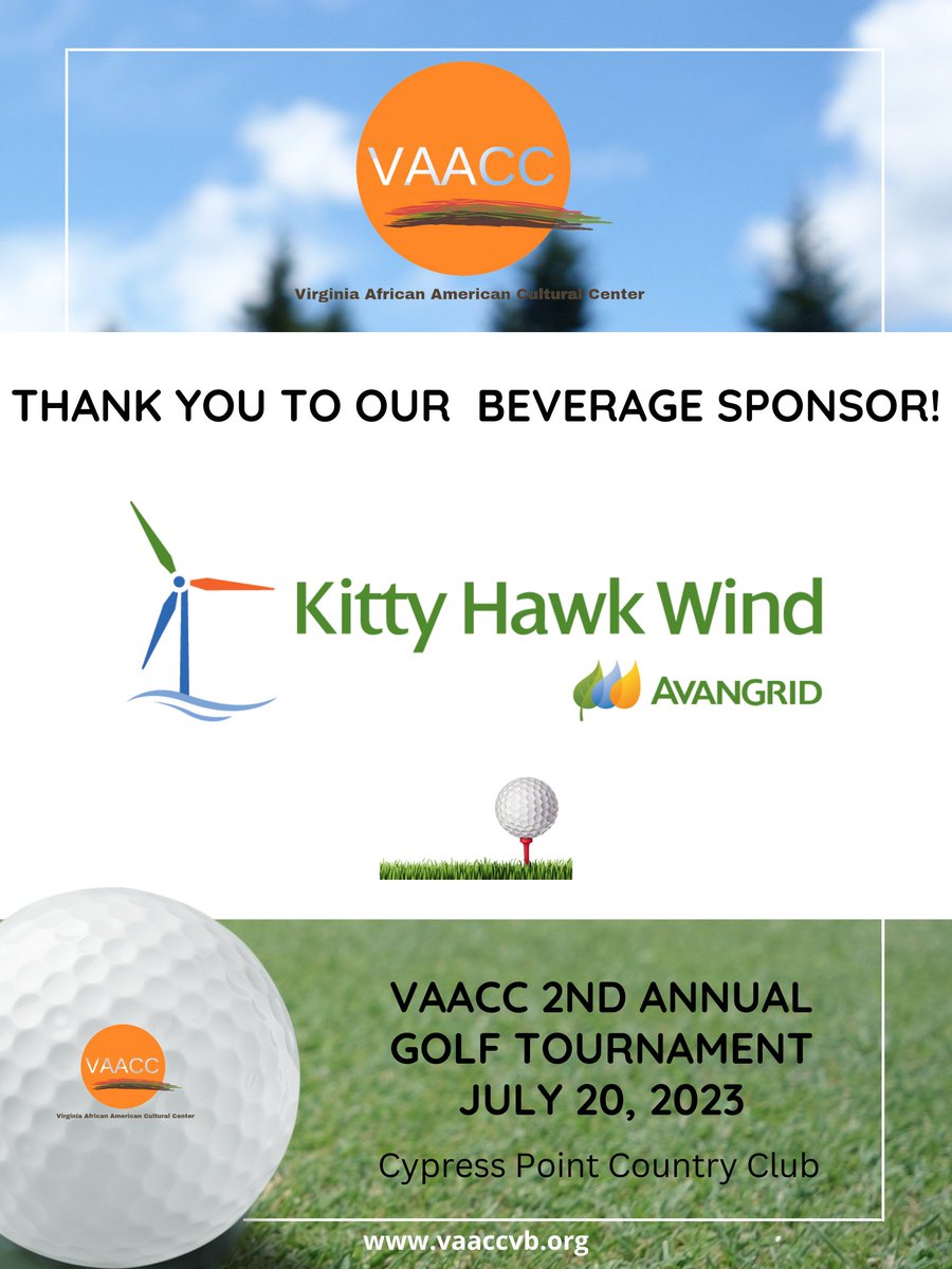 Thank you to our Beverage Sponsor - Avangrid Kitty Hawk Wind! We are excited for the event on Thursday at Cypress Point Country Club from 8 a.m. to 2 p.m.