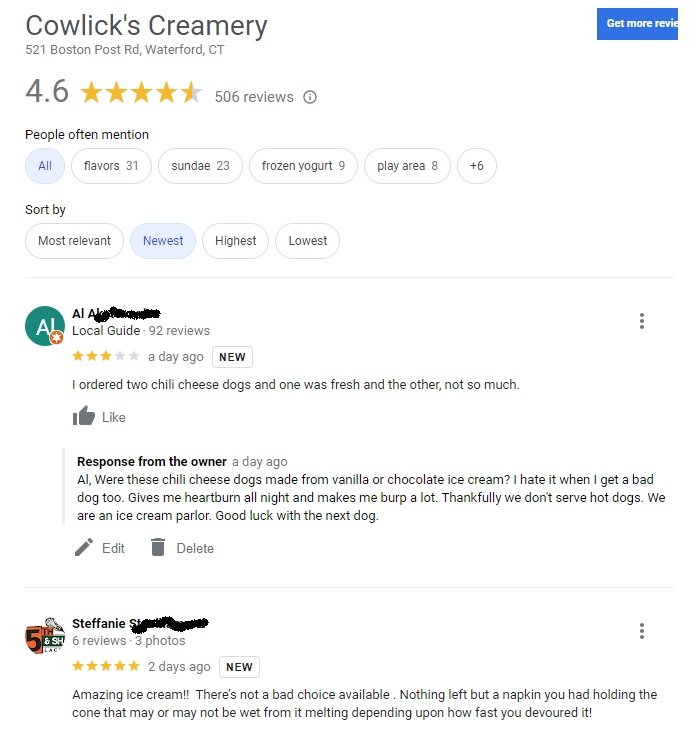 Al, local guide, gave us a bad review of our chili cheese dog! We messaged Al but apparently he's still flushing it out. 

(fyi, we don't sell dogs. just ice cream)