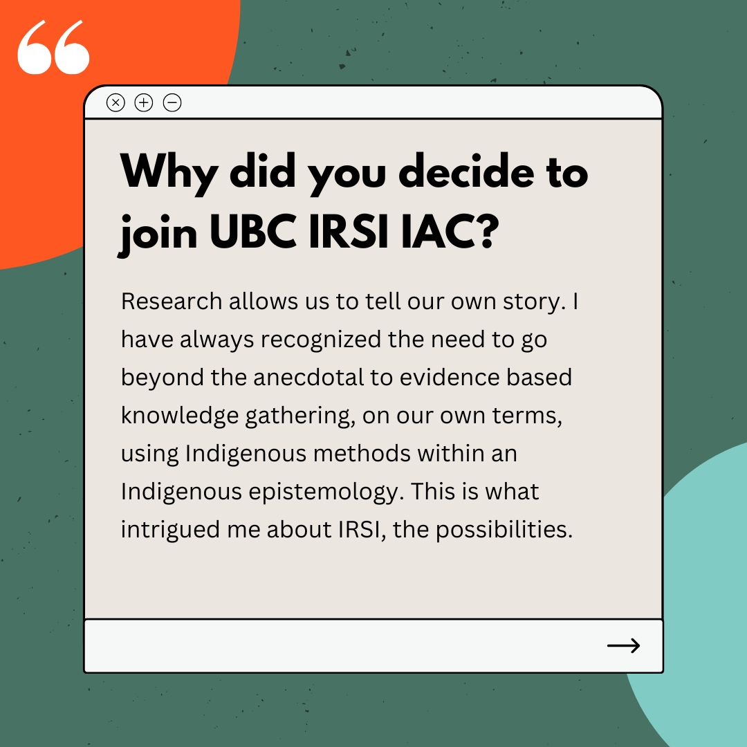 ubcirsi's tweet photo. This Spring, UBC IRSI had the opportunity to ask Fran Hunt-Jinnouchi about her involvement in the Indigenous Advisory Committee (IAC) and how the space surrounding Indigenous, community-based research has changed over time.

To learn more: https://t.co/Y89zSn4fja https://t.co/UnjjBgB090