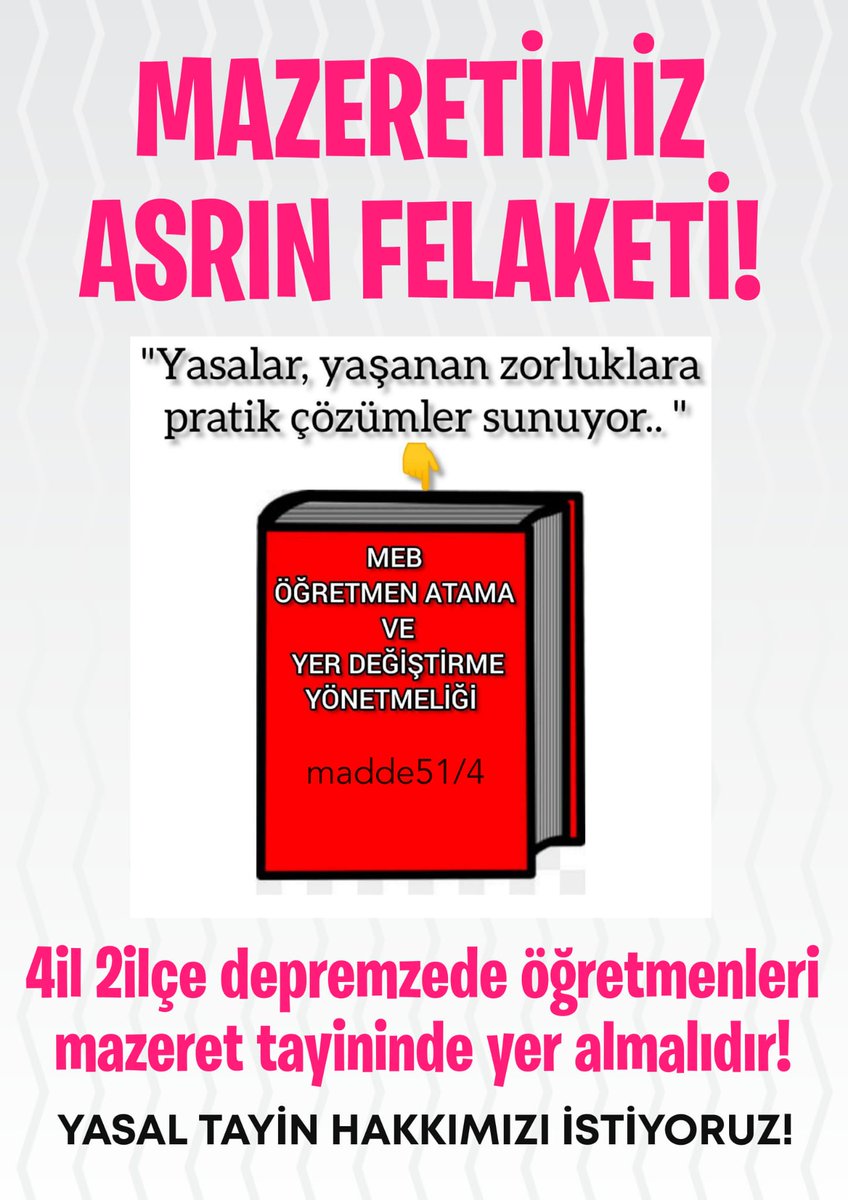 #DepremzedeÖğretmeniÜzme
Mevzuatta yazanlar “mazeret tayini” için yeterlidir. Daha neyin şartı isteniyor?
<a href="/serkantopalchp/">Serkan Topal</a>
<a href="/AyhanBarut01/">Ayhan Barut</a>
<a href="/ChpNihatYesil/">Nihat Yeşil</a>
<a href="/eczozgurozel/">Özgür Özel</a>
<a href="/ilhamiOzcanAygn/">İlhami Özcan AYGUN🇹🇷</a>