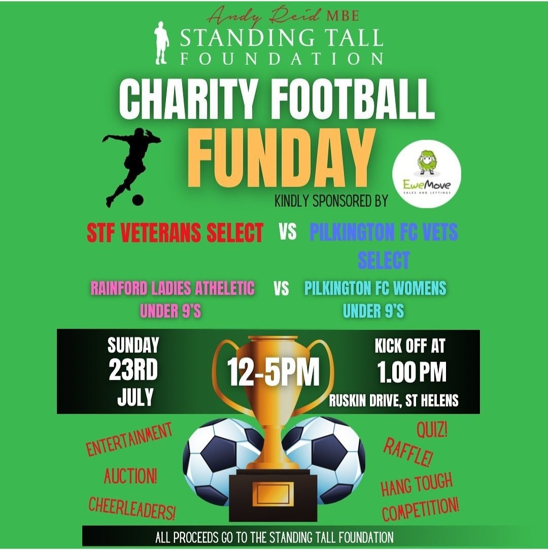 This Sunday we are hosting a Football Funday for the amazing Andy Reid Standing Tall Foundation, helping to raise vital funds to enable them to continue to provide FREE mental health services.

STF Veterans take on a Pilkington FC Vets Select XI

Join us 12 till 5pm 😁

#sthelens