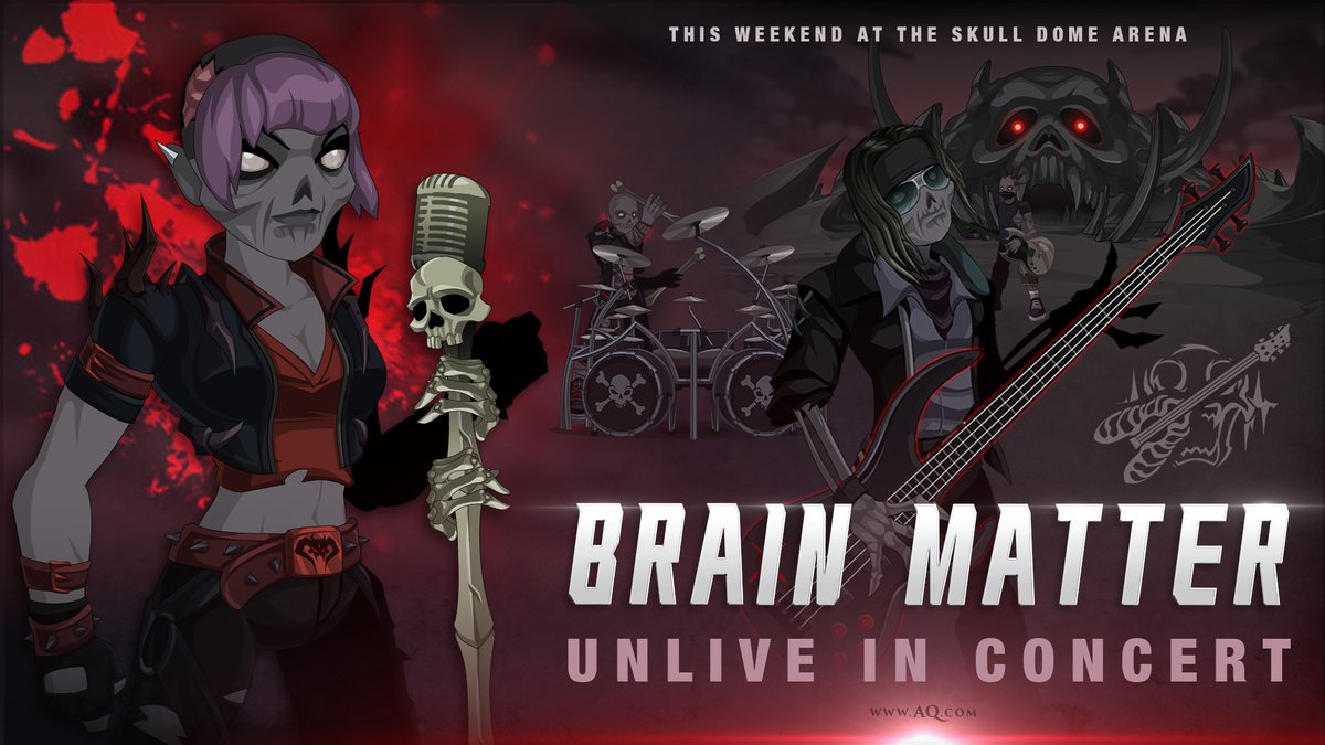 This weekend: the Battle of the Bands begins at the Skull Dome Arena! See Doomwood's favorite grunge group, BRAIN MATTER, face off against Battleon's own The NPCs. These ghouls are hungry for victory (and brains)! AQ.com