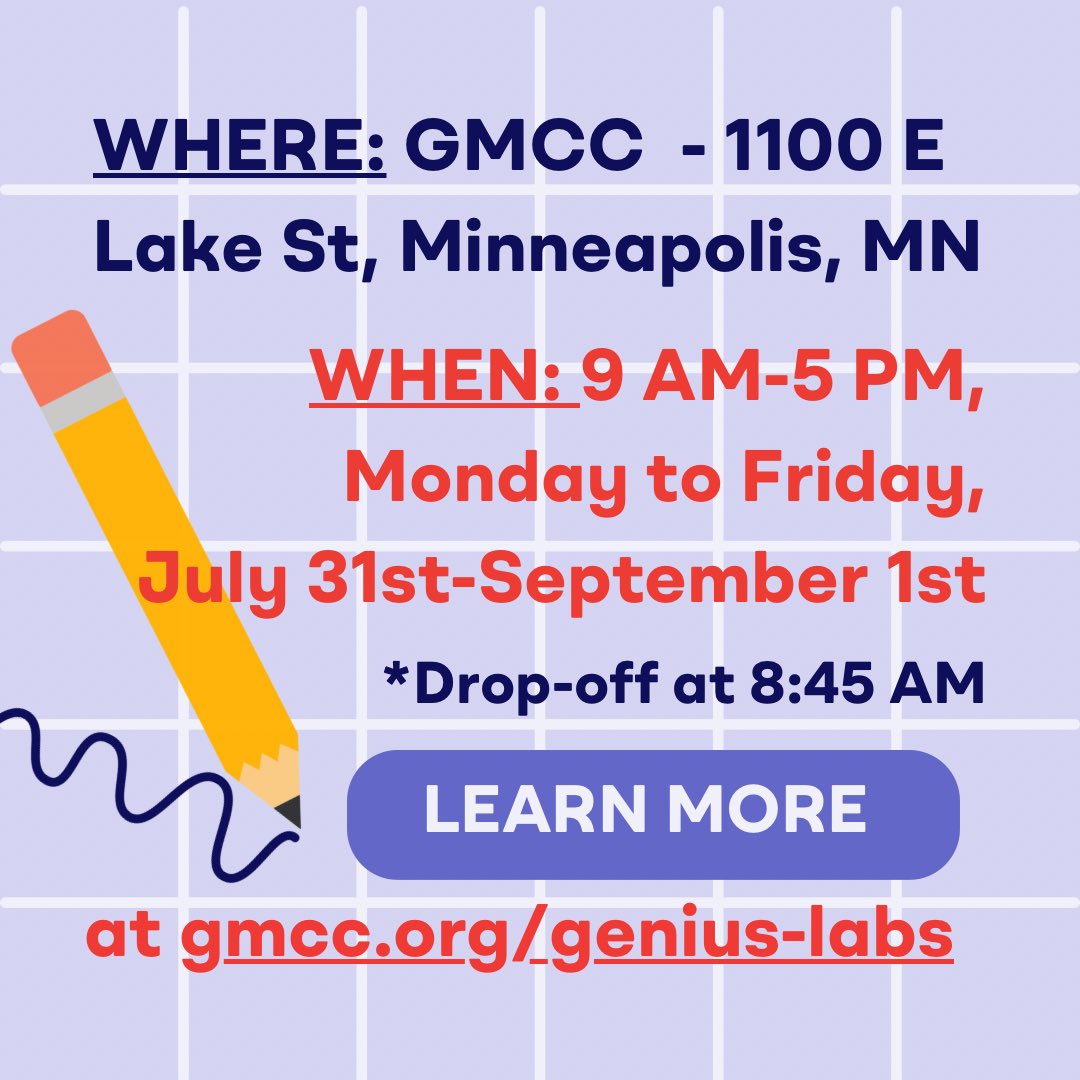 GMCC_mn's tweet image. We are 2 weeks away from the start our Genius Labs Summer Camp! 💡 

Camp starts July 31st and runs Monday through Friday, 9-5 PM until September 1st. Limited spots are available. To register &amp;amp; learn more, visit gmcc.org/genius-labs