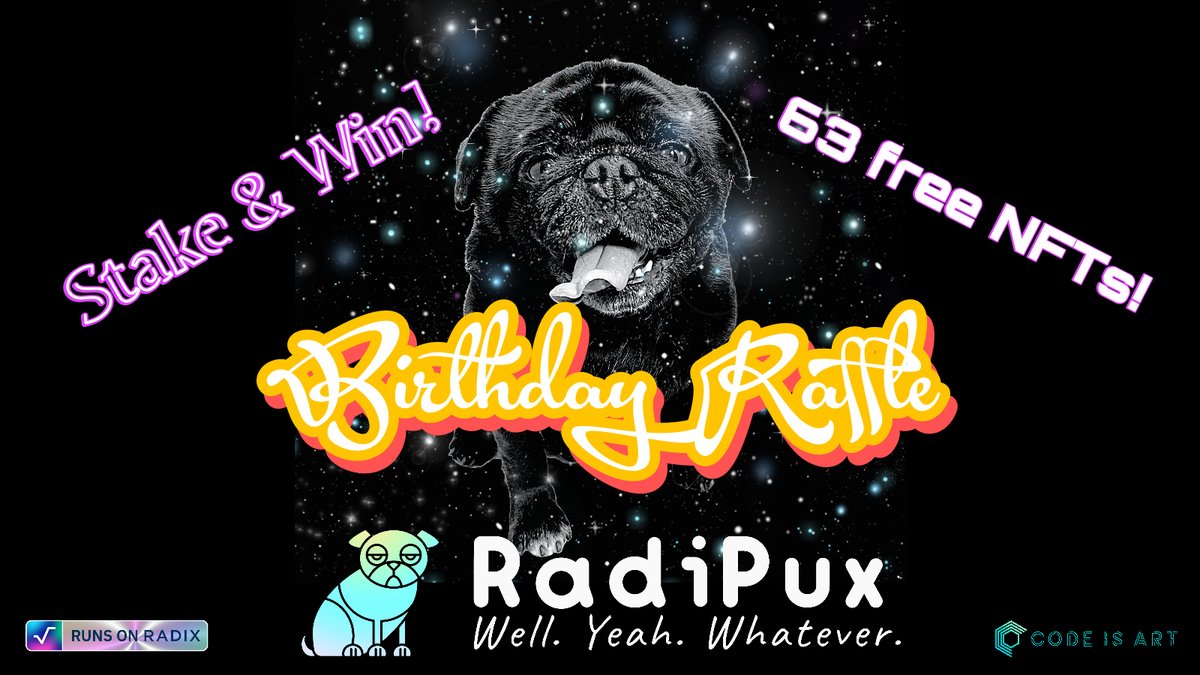 🥳 Celebrating Karl's 9th birthday &amp; since a dog's year counts as 7 hooman years, we #raffle out 63 random #RadiPux #NFTs
To qualify, all you have to do is stake $XRD 500+ on our Node by Aug 6th 2023,  10pm CET.
How to stake: bco.rocks/node
#Web3Gaming #RunsOnRadix #NFT