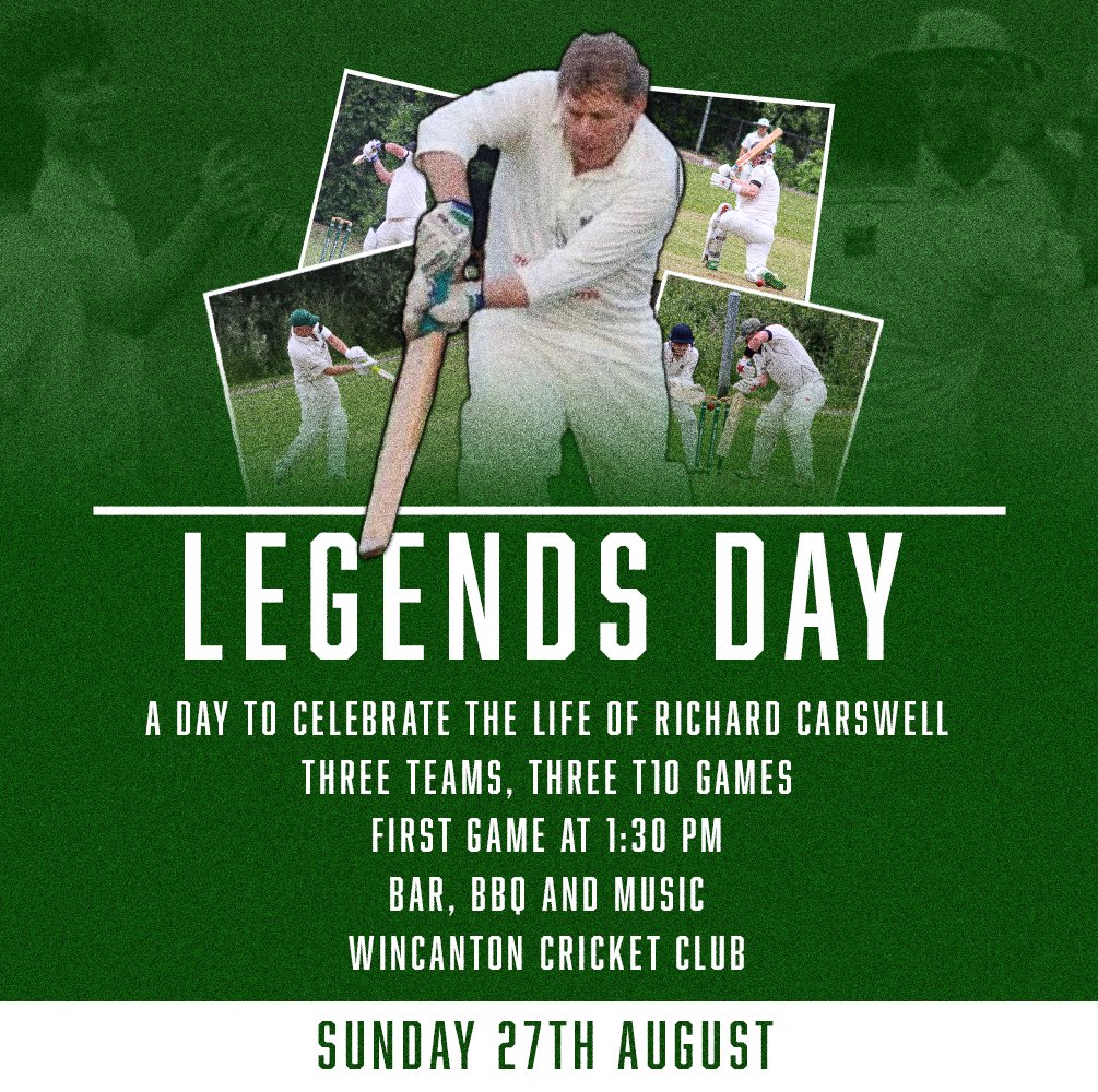 Wincanton_C_C_'s tweet photo. LEGENDS DAY 🏏

A day to celebrate the life of Richard Carswell 💚

🏏 Three T10 Games 
⏰ First Game at 1:30 pm
🗓️ Sunday 27th August

🍺 Bar 🍔 BBQ 🎶 Music

#WeAreWincanton https://t.co/ejH890xd3f