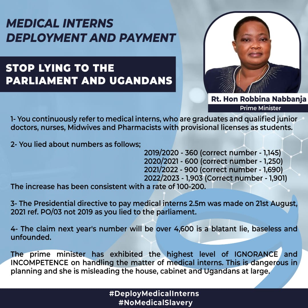 I never Knew that my prime minister would sqoop this low in an attempt to justify slavery for  medical interns. Her presentation to parliament was so regrettable 😠😠#DeployMedicalInterns #NoMedicalSlaverly
@OPMUganda