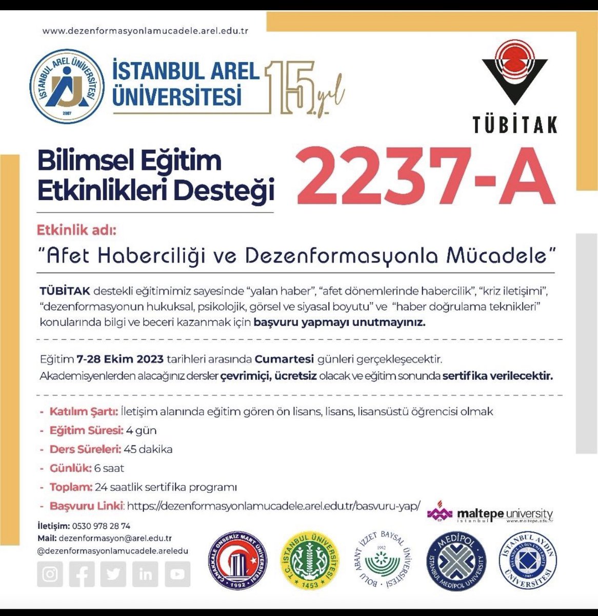 YenginDeniz's tweet photo. TÜBİTAK  destekli eğitimimiz sayesinde “yalan haber”, “afet dönemlerinde habercilik”, “kriz iletişimi”, “dezenformasyonun hukuksal, psikolojik, görsel ve siyasal boyutu” ve “haber doğrulama teknikleri” konularında bilgi ve beceri kazanmak için başvuru yapmayı unutmayınız. https://t.co/UIuCEWknJ1