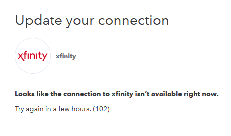Bollman_'s tweet photo. @mint @XfinitySupport Would you guys please sit down together and make the Mint >< Xfinity connection function?

It's been this error for years. 1. Fix it or 2. put a notice up saying it does not, nor will it EVER work. https://t.co/VnpbDU4LN3
