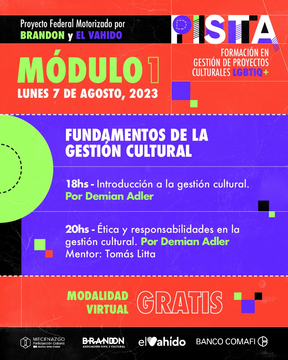 casaBrandon's tweet photo. Pista es una formación integral y gratuita en diseño y gestión de proyectos culturales LGTBIQ+.
Les que se anoten deberán cursar la totalidad de los módulos. Quienes completen el 70% o más recibirán un diploma que acreditará la formación. 
Anotate! https://t.co/wW8vnZcUVt https://t.co/rzw3iMmKi1
