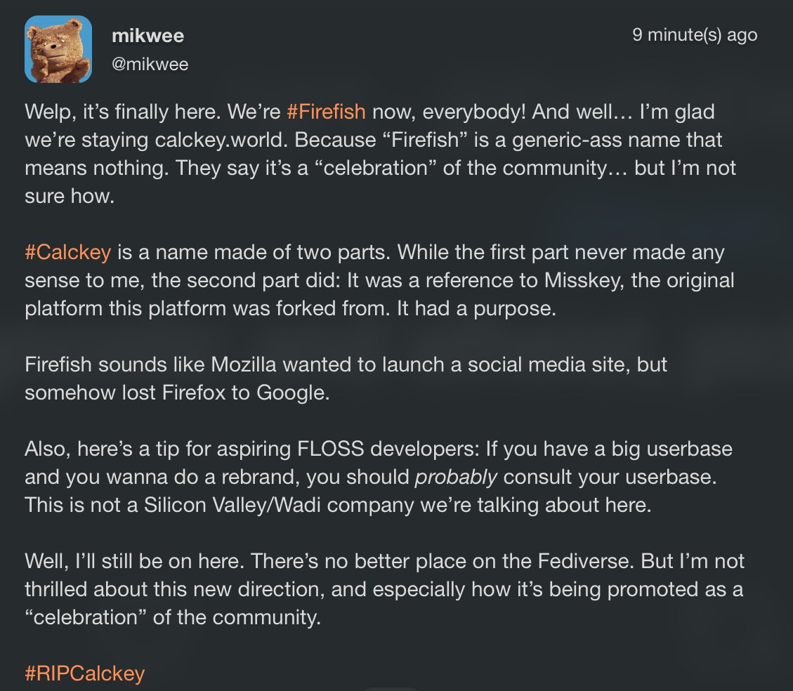 toon_mikwee's tweet photo. #Calckey is #Firefish now and I don’t like it https://t.co/44sUtKiYfg