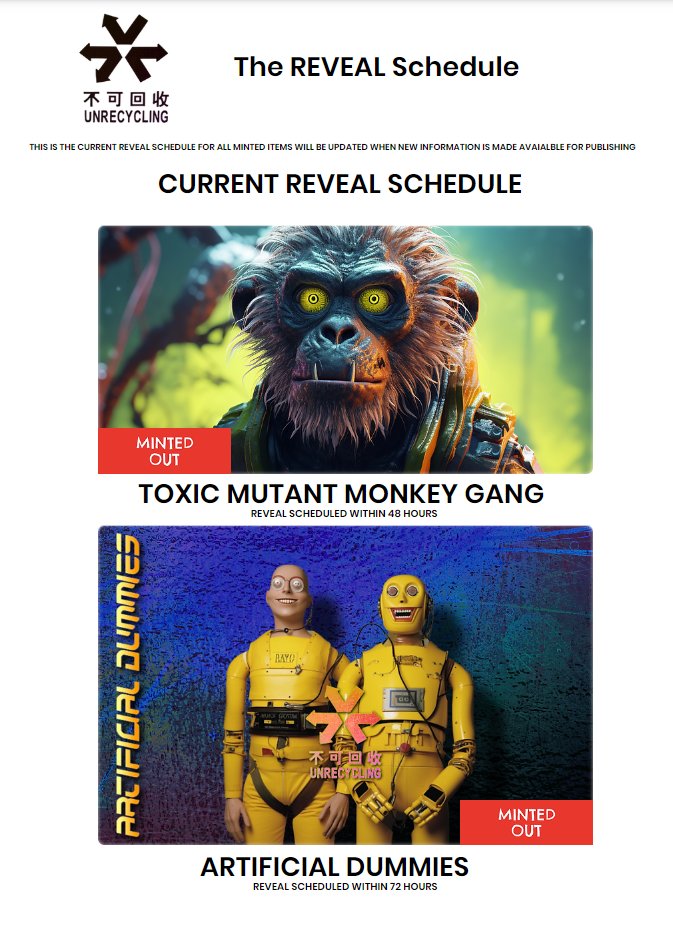 Unrecycling's tweet photo. Here is the Approx Reveal Schedule For #TMMG and #ARTIFICIALDUMMIES Make sure to stay tuned for more information as we develop resources and set the stage for an excellent and exciting unveiling, and if you missed these two Viral collections, be sure to get your 10 FREE KICHIJOJI mints! #NFT #ETH #CRYPTO #META #TRENDING #UNRECYCLING 
https://t.co/68GWrQtC3r