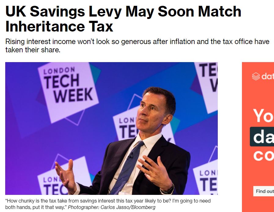 How to replace inheritance tax revenue. A simple solution.

The high tax lobby say we can't scrap the death tax because the revenue loss would be too great (£6-£7bn).

Blomberg say that IHT revenue can be replaced by tax on savings interest, due to reach the same amount.

1/2