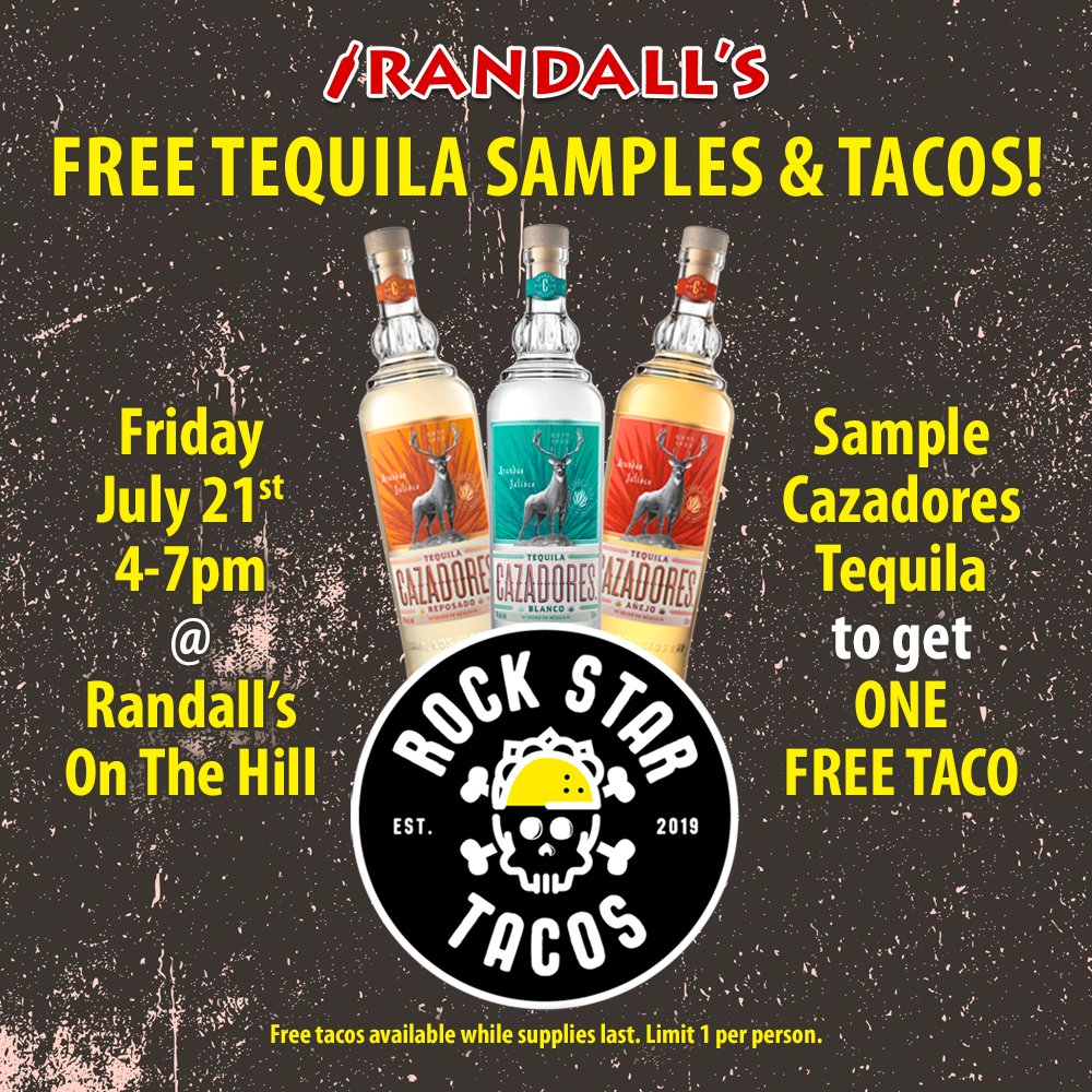 🌮 Join us this Friday from 4-7pm at Randall's On The Hill 🌮 Sample the varieties of Tequila Cazadores to get ONE FREE TACO from Rock Star Tacos. Free tacos are available while supplies last. Limit 1 per person. #freesamples #rockstartacos #cazadorestequila #thingstodo #stl