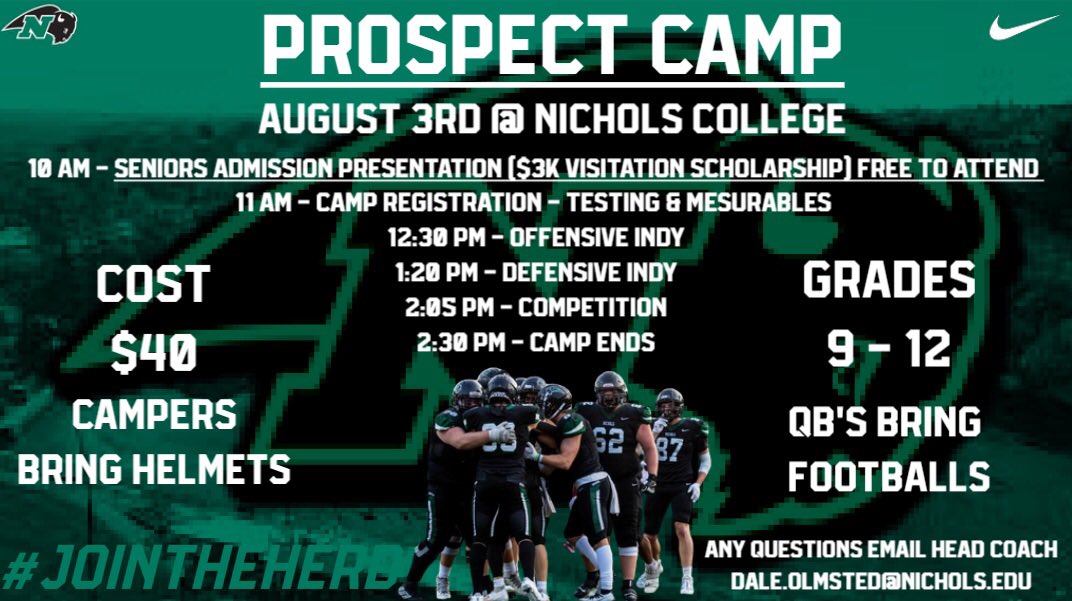🚨HERD ALERT🚨

Bison Camp🦬
August 3rd📆 

Testing✅
Offensive/ Defensive Indy Drills✅
Competition✅ 

Prior to the camp, for 2⃣4⃣'s there is an admissions presentation that will give you $3K Visitation Scholarship.

Register NOW⬇️
slate.nichols.edu/register/?id=9…

#JointheHerd
🦬🦬🦬
