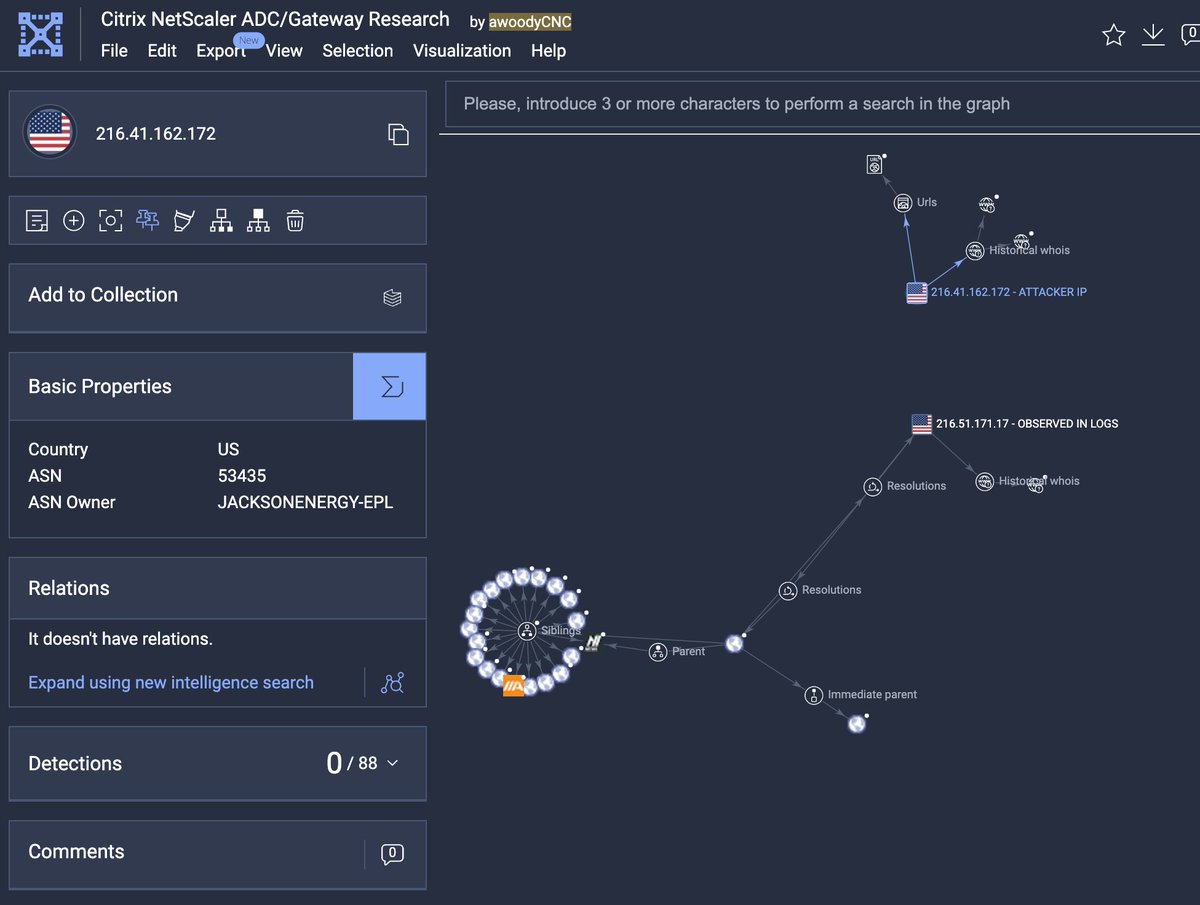 Finally! Someone put the two IP IOCs related to the #Citrix Netscaler ADC vuln CVE-2023-3519 in a Virustotal Graph, which allows me to share them

216[.]41[.]162[.]172
216[.]51[.]171[.]17

virustotal.com/graph/g6a29f00…