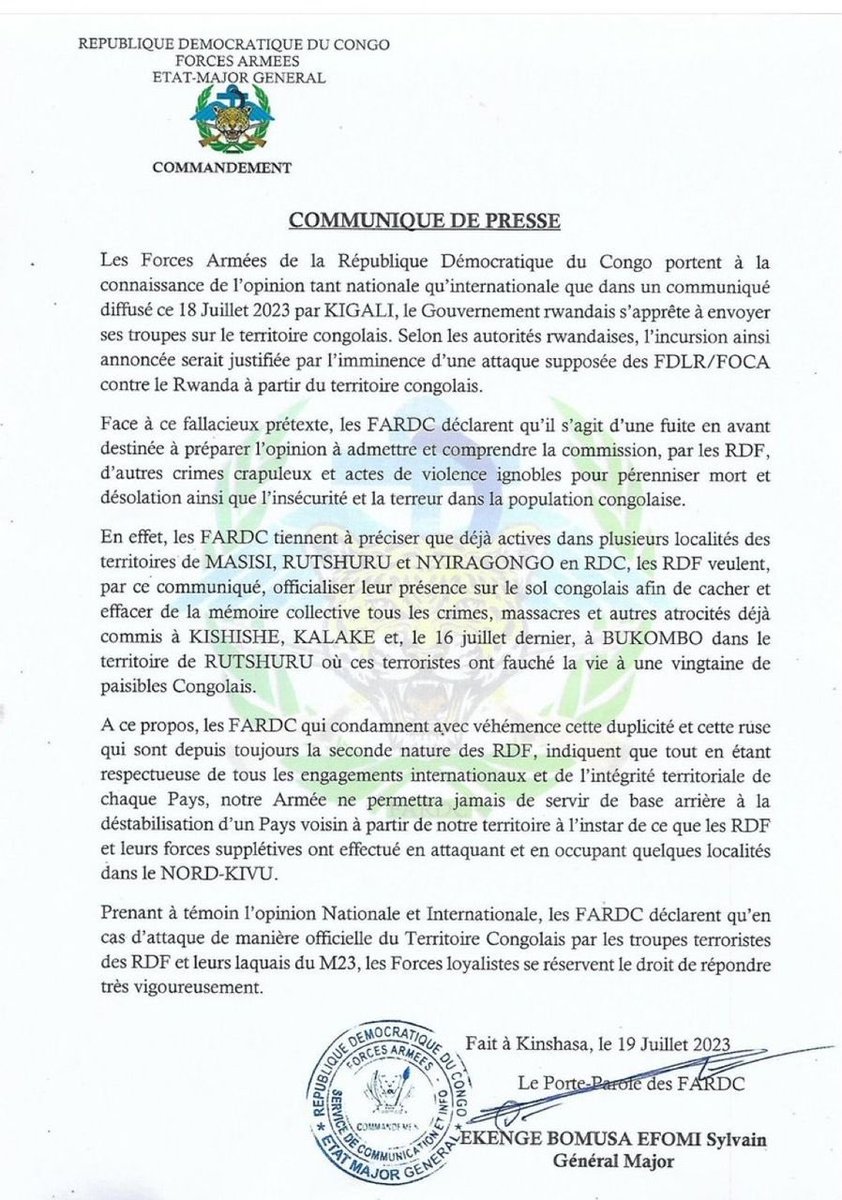 Le Rwanda ne comprend que le langage de rapport de force, ce communiqué du commandment des FARDC est un aveu de capitulation d’avance. En lieu et place de cette communication il aurait mieux fallut positionner quelques pieces d’artillerie sur quelques collines de Goma prêts à