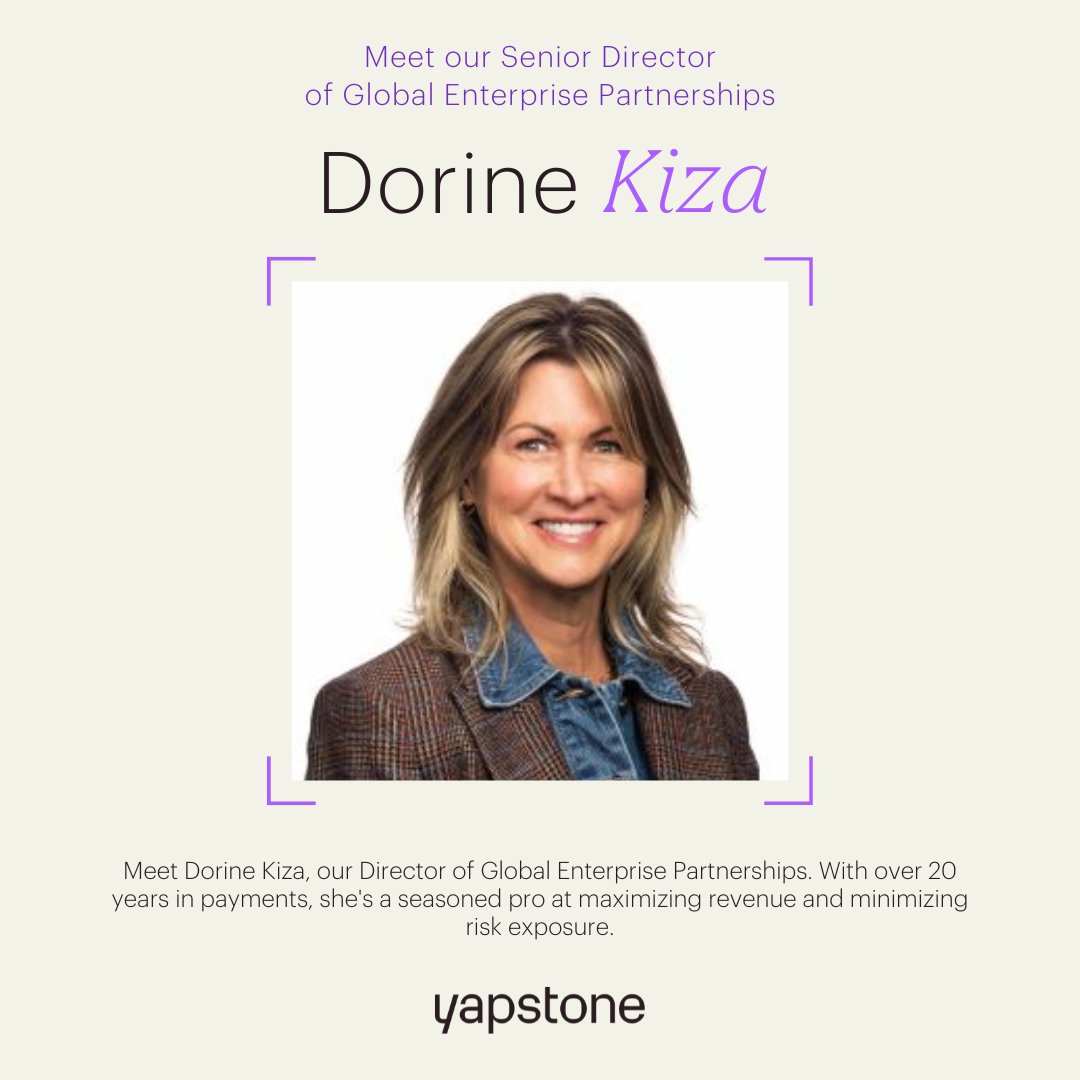Meet Dorine Kiza, our Senior Global Partnerships Director with 20+ years of experience in payments. She's a pro at maximizing revenue while minimizing risk and is a great addition to the Yapstone team! 👏🎉

#MeetTheTeam #Leadership #YourPaymentsOurExpertise