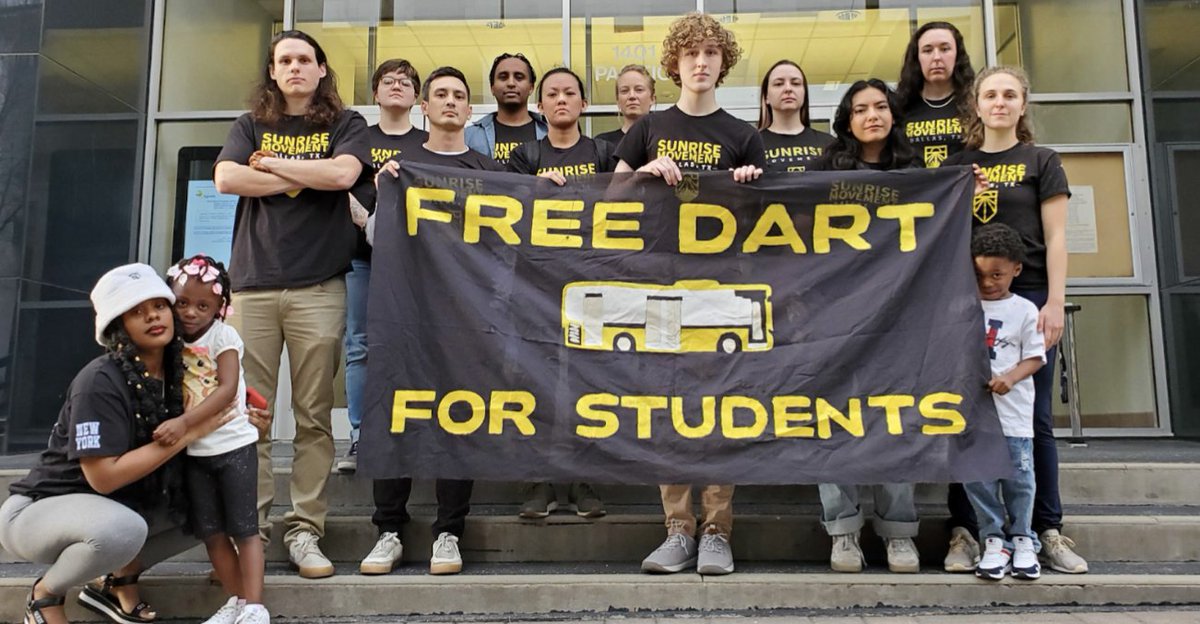 NEW: <a href="/sunrisemvmtdtx/">Sunrise Dallas</a> has announced a victory in their campaign to secure free Dallas Area Rapid Transit access for K-12 students, citing funding from the City of Dallas and DISD for a pilot project. More details to come.