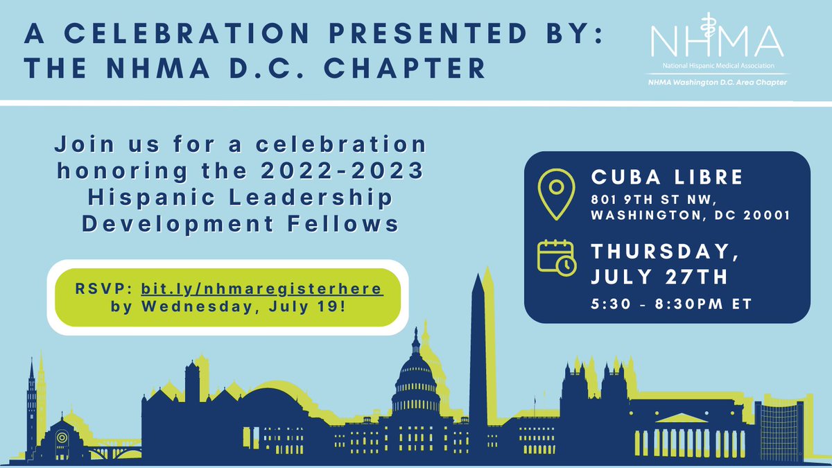 NHMAmd's tweet image. Join us in celebrating the 2022-2023 Hispanic Leadership Development Fellows!  Don't miss our DC Chapter reception on July 27th, 5:30 PM-8:30 PM EST at Cuba Libre. RSVP by July 19th. Limited spots! Complimentary food &amp;amp; drinks. #DCChapter Register: bit.ly/nhmaregisterhe…