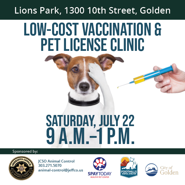 jeffcosheriffco's tweet photo. #HappeningNow! Low-Cost Pet Vaccine Clinic, from 9a-1pm at Lions Park, 1300 10th St., Golden. Please leash or contain pets before joining us at the park. #BeAGoodHuman #RabiesProtection #license
Details: https://t.co/0t7XoxUxQI https://t.co/uTTeEQUqTe