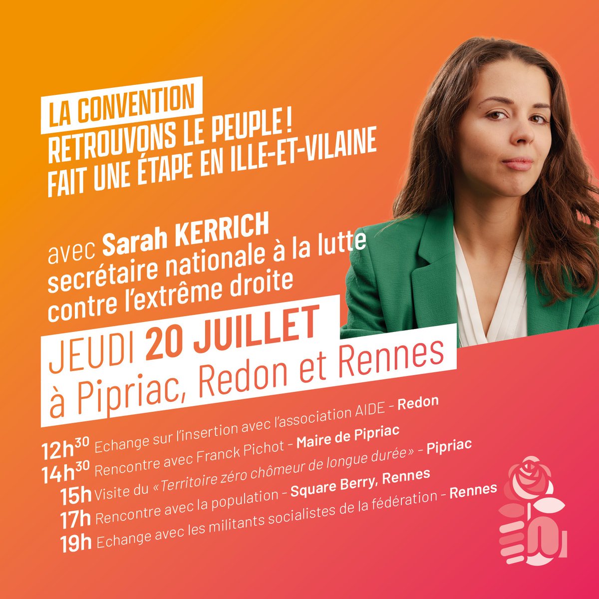 socialiste35's tweet photo. 🟠 La convention "retrouvons le peuple !" fait étape en #IlleEtVilaine le jeudi 20 juillet avec la présence de @Sarah_Kerrich 👍
➡️ Rendez vous :
📍12h30 à #Redon,
📍14h30 à #Pipriac,
📍 17h à #Rennes et
📍 19h à la fédération #PS35
#RetrouvonsLePeuple
#ConventionPS #PS https://t.co/luzHS4OUdZ